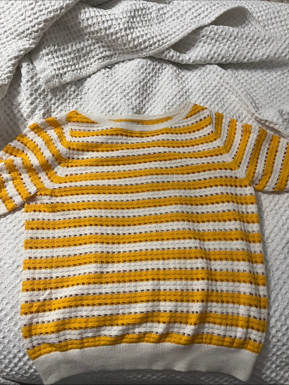LOFT Yellow and White Striped Short-Sleeve Knit Sweater
